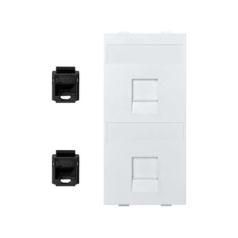 Flat voice and data plate with dust cover with 2 RJ45 category 6 UTP 1 double element white Simon Cima
