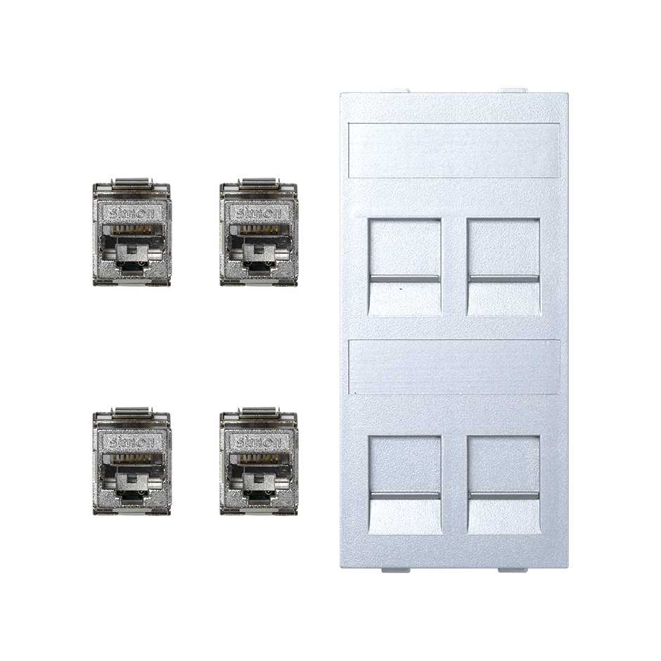 Flat voice and data plate with dust cover with 4 RJ45 category 6 FTP 1 double element aluminum Simon Cima