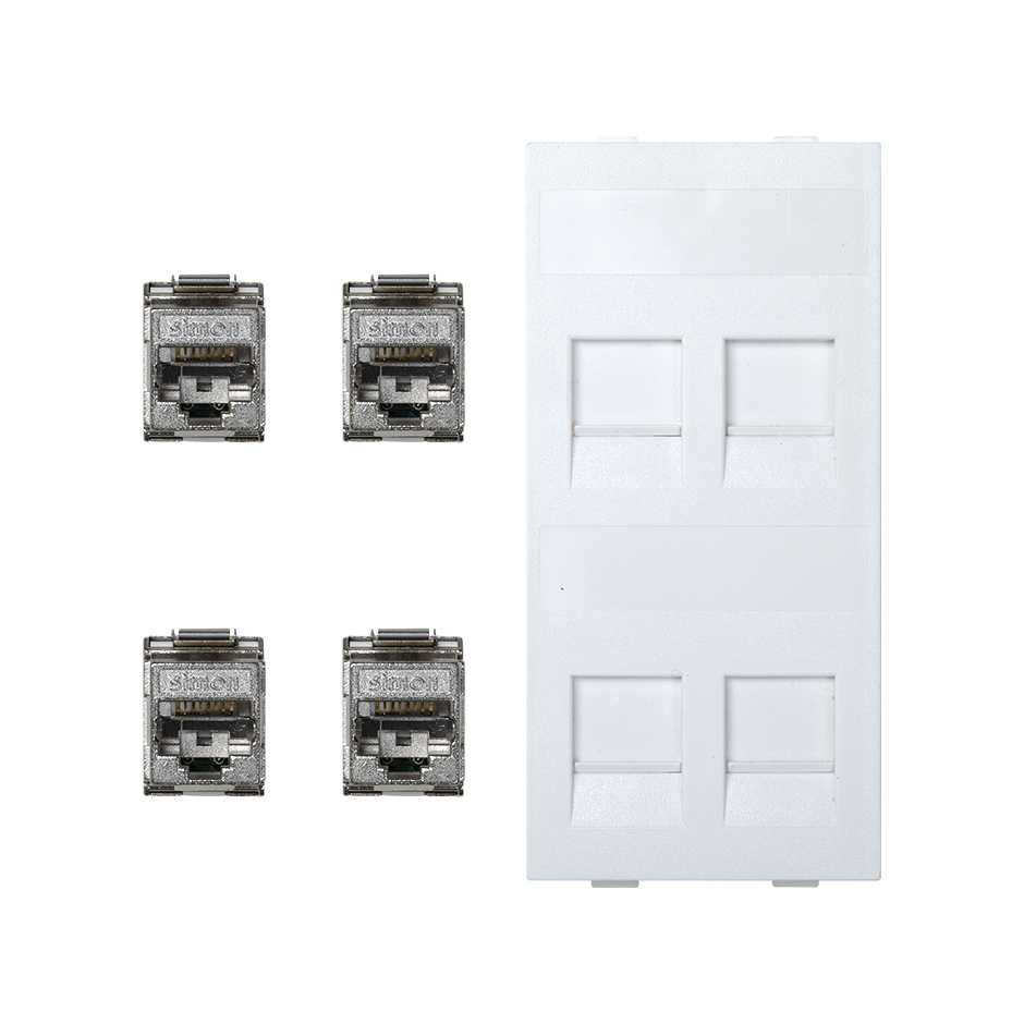 Flat voice and data plate with dust cover with 4 RJ45 category 6 FTP 1 double element white Simon Cima