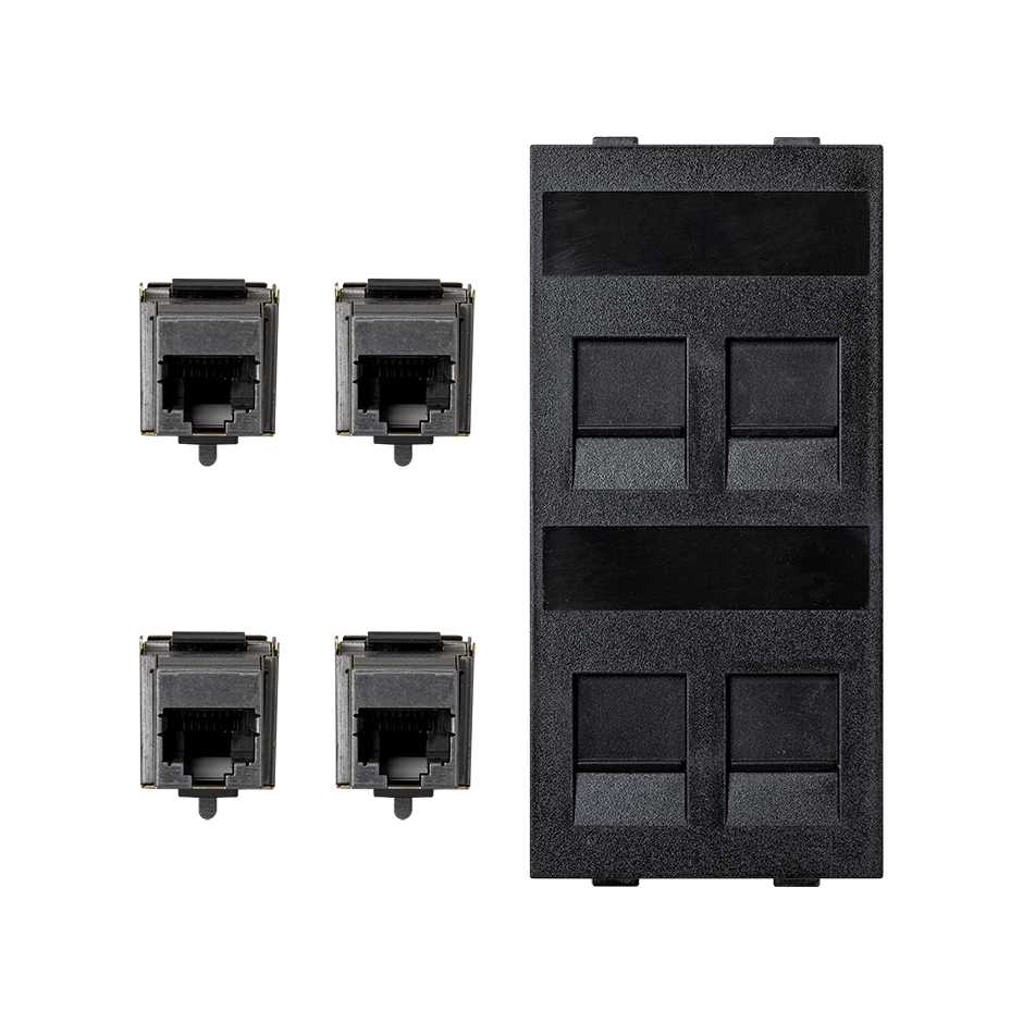 Flat voice and data plate with dust cover with 4 RJ45 category 6 FTP 1 double element graphite Simon Cima
