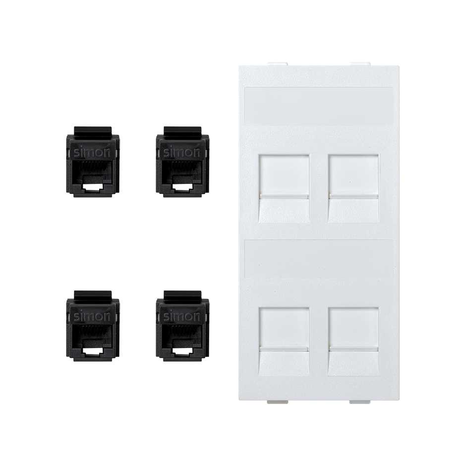 Flat voice and data plate with dust cover with 4 RJ45 category 6 UTP 1 double element white Simon Cima