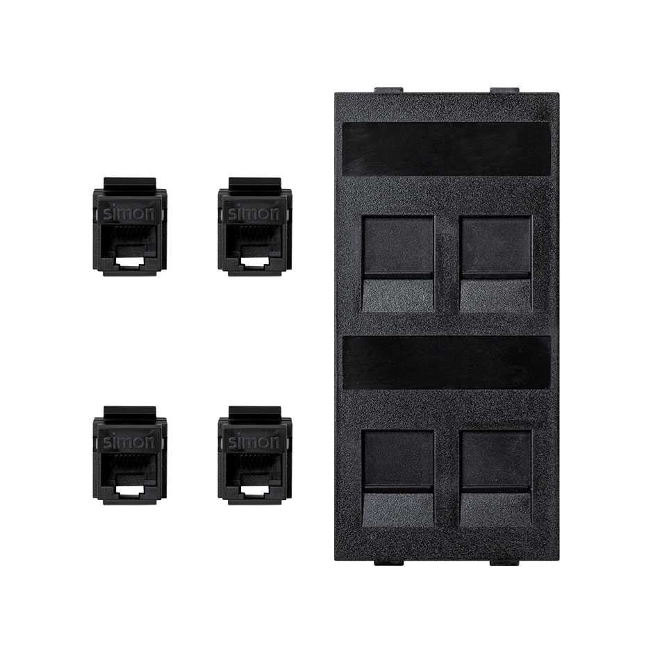 Flat voice and data plate with dust cover with 4 RJ45 category 6 UTP 1 double element graphite Simon Cima