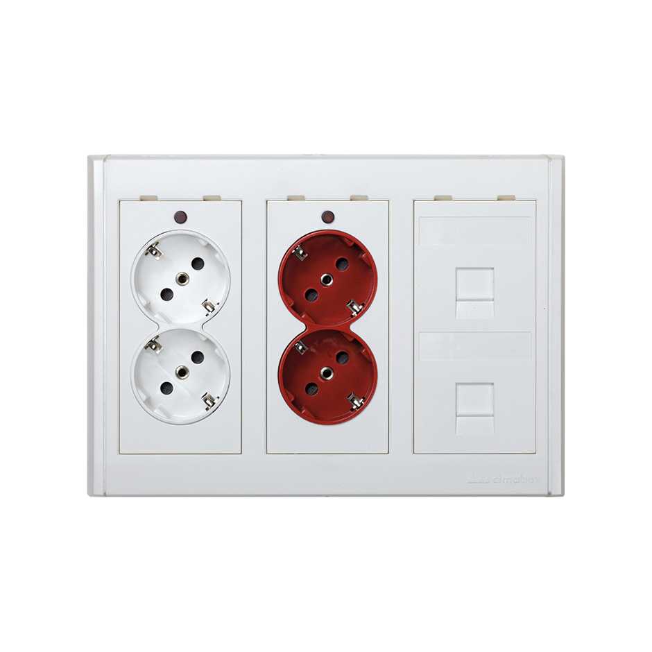 Kit boîte murale en saillie Cima Pro de 3 éléments doubles avec 1 prise double, 1 prise double pour SAI et plaque pour 2 RJ45 blancs Simon Cima