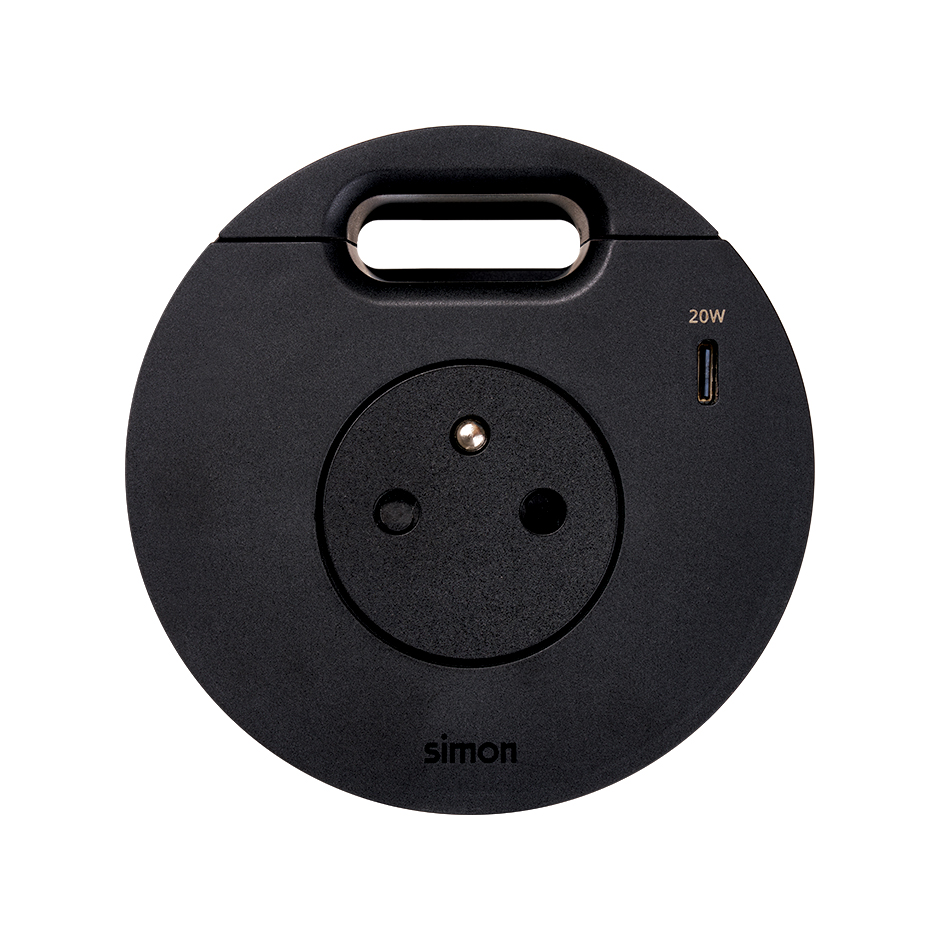 Kit Flash 90 consisting of french-belgian power socket with "retractable cover", USB charger Type C 20W and grommet (cable outlet) black Simon 400