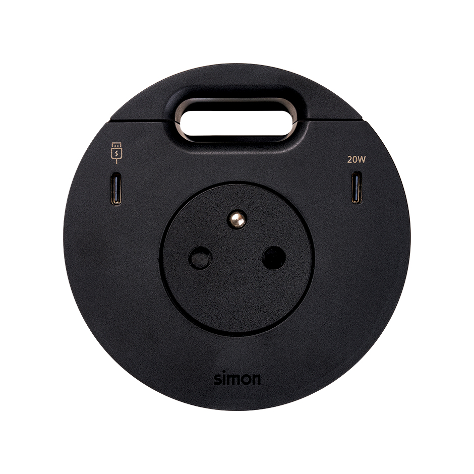 Kit Flash 90 french-belgian socket with "retractable cover", USB Type C Dock including 1x HDMI+LAN+3x USB Type A, USB charger Type C 20W and grommet (cable outlet) black Simon 400