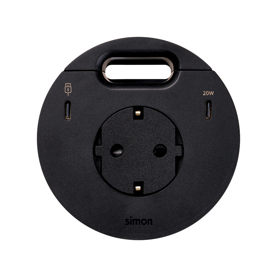 Kit Flash 90 schuko power socket with "retractable cover", USB Type C Dock including 2x HDMI+LAN+3x USB Type A, USB charger Type C 20W and grommet (cable outlet) black Simon 400