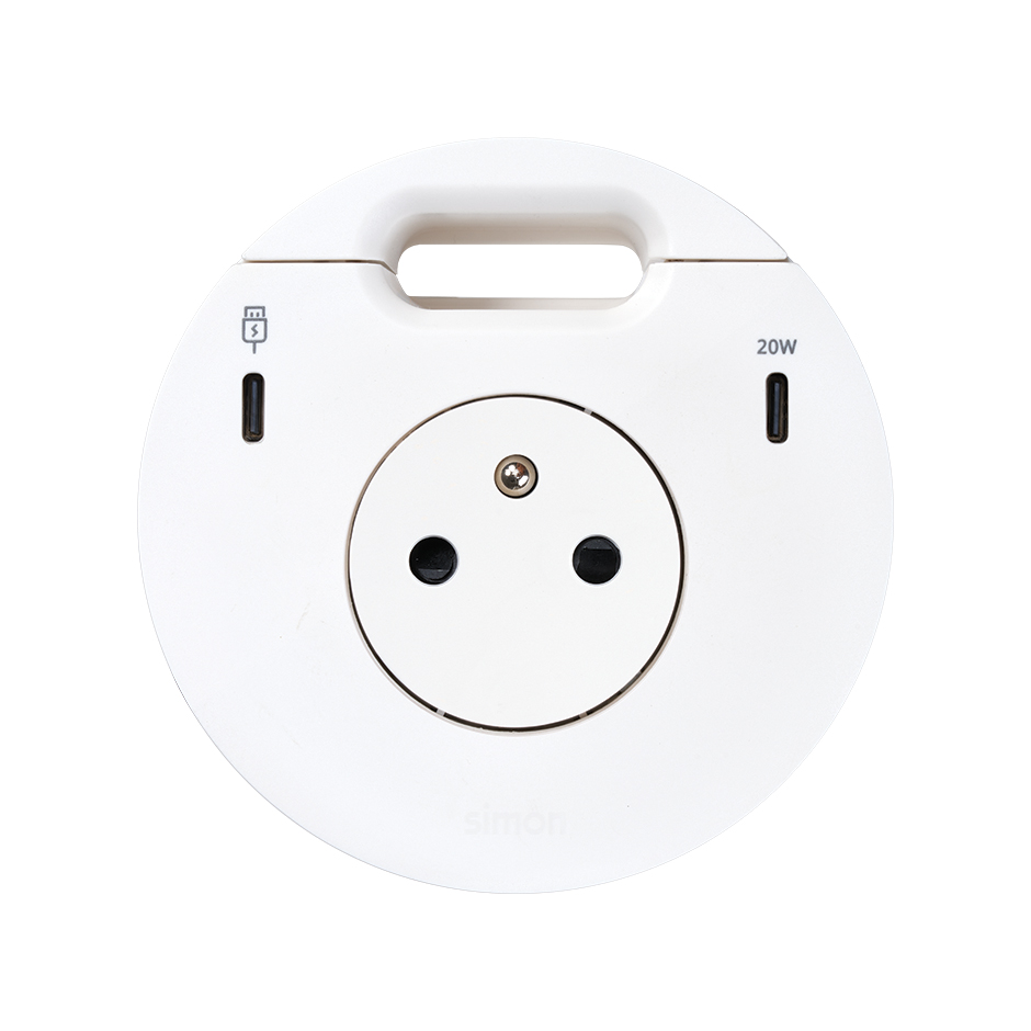 Kit Flash 90 french-belgian socket with "retractable cover", USB Type C Dock including 1x HDMI+LAN+3x USB Type A, USB charger Type C 20W and grommet (cable outlet) white Simon 400