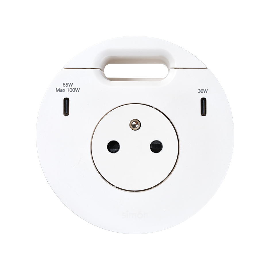 Kit Flash 90 french-belgian power socket with "retractable cover", USB charger Type C 100W (distributed in 65+30W whe both active) and grommet (cable outlet) white Simon 400