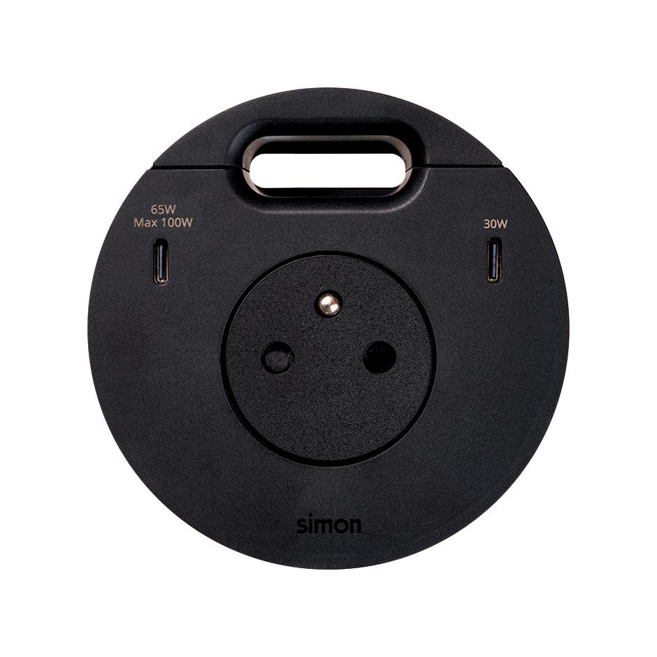 Kit Flash 90 french-belgian power socket with "retractable cover", USB charger Type C 100W (distributed in 65+30W when both active) and grommet (cable outlet) black Simon 400