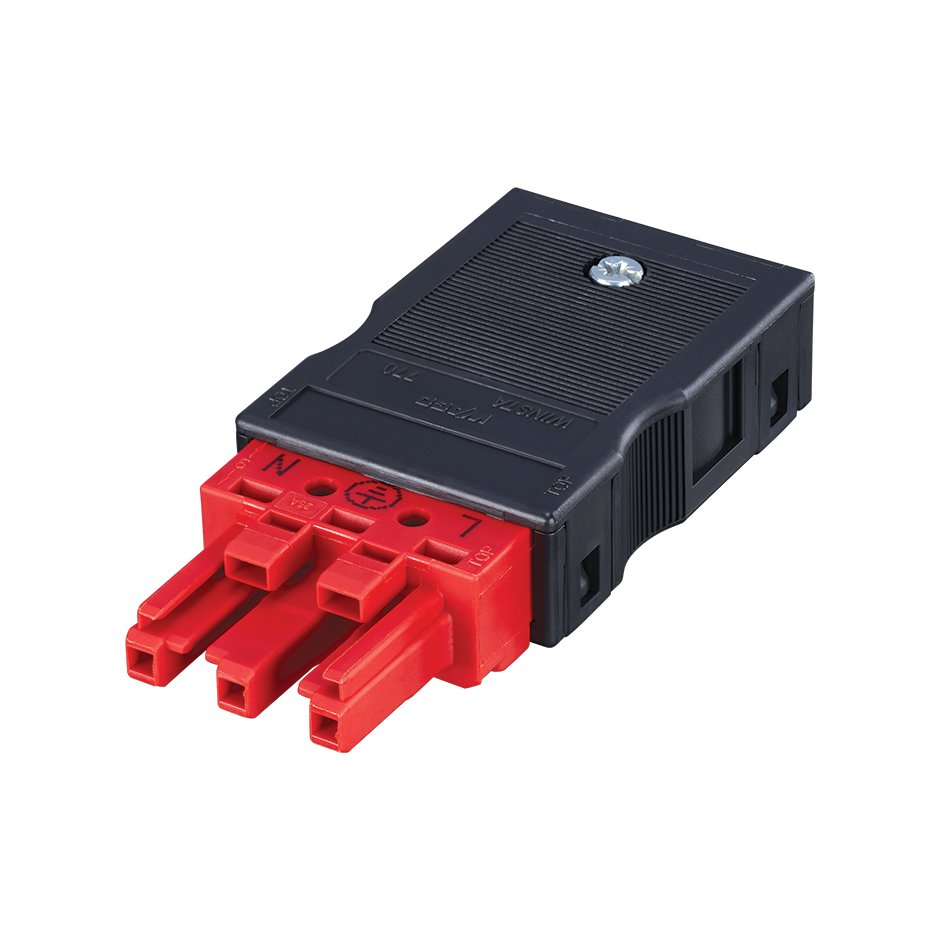 3-pole female quick-connect cable connector with red connection, Wago Winsta Midi type