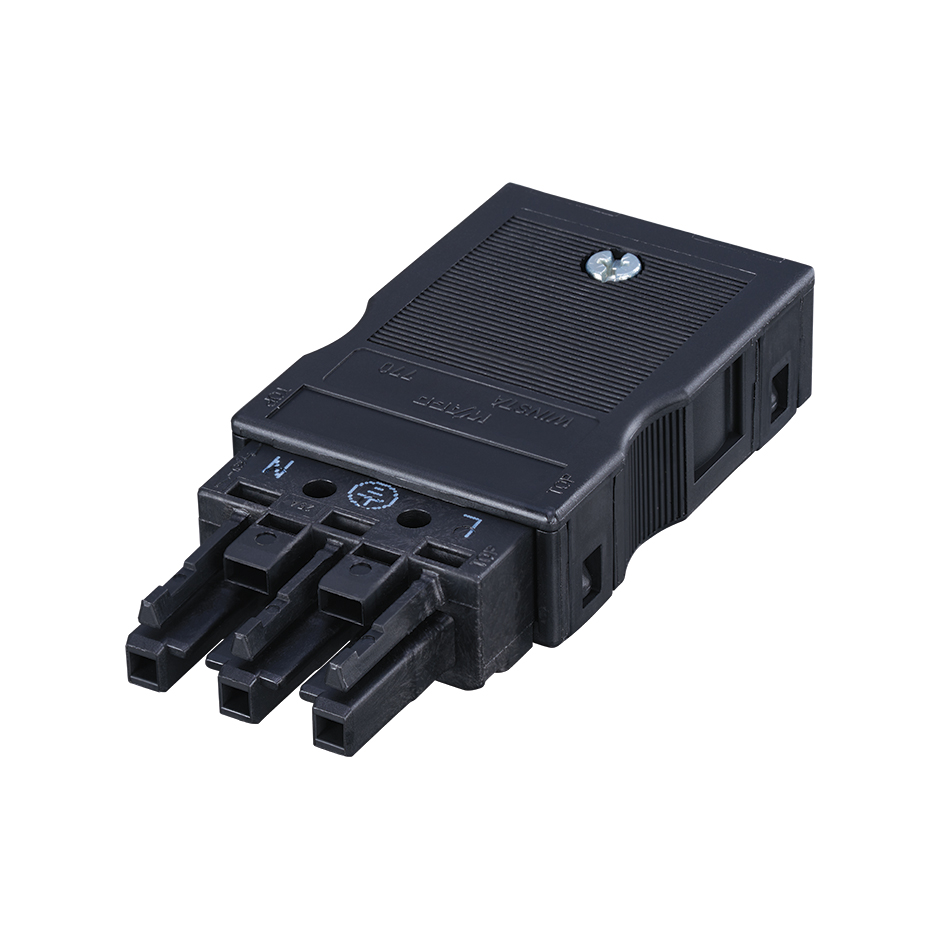 3-pole female quick-connect cable connector with black connection, Wago Winsta Midi type