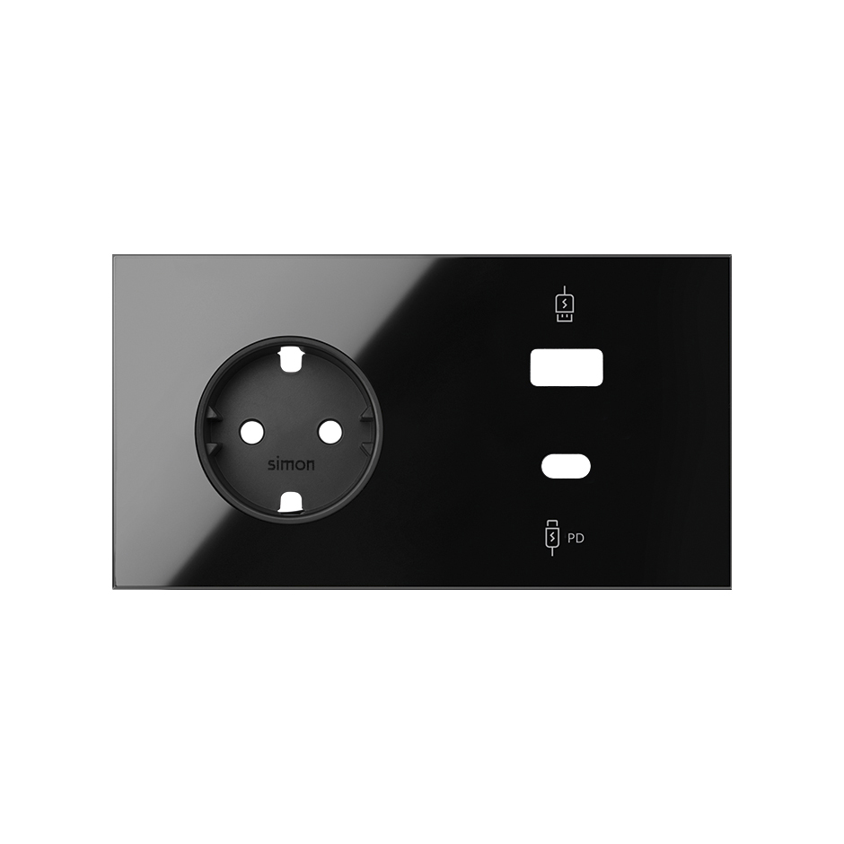 Kit front para 2 elementos com base de tomada schuko e carregador USB C+A preto brilhante Simon 100