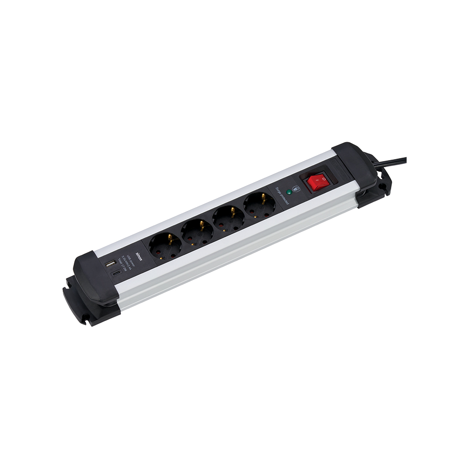 BASE MÚLTIPLE EXTRAPOWER 4 TOMAS 16A 250V~ + 2 USB ALUMINIO CON PROTECCIÓN Y CABLE 1,5 M H05VV-F 3G1,5MM² SIMON