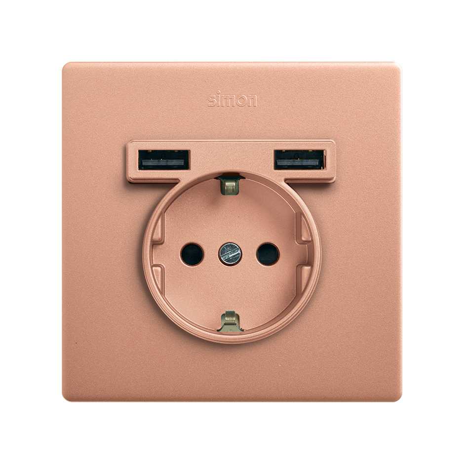 Monoblock kit for 1 element with 1 Schuko socket base and 2 integrated USB chargers copper Simon 270