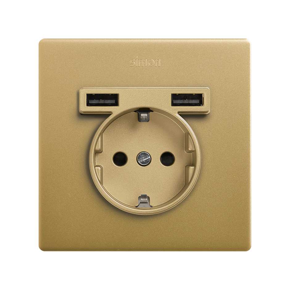 Kit monobloc para 1 elemento com 1 base de ficha Schuko e 2 carregadores USB integrados ouro Simon 270