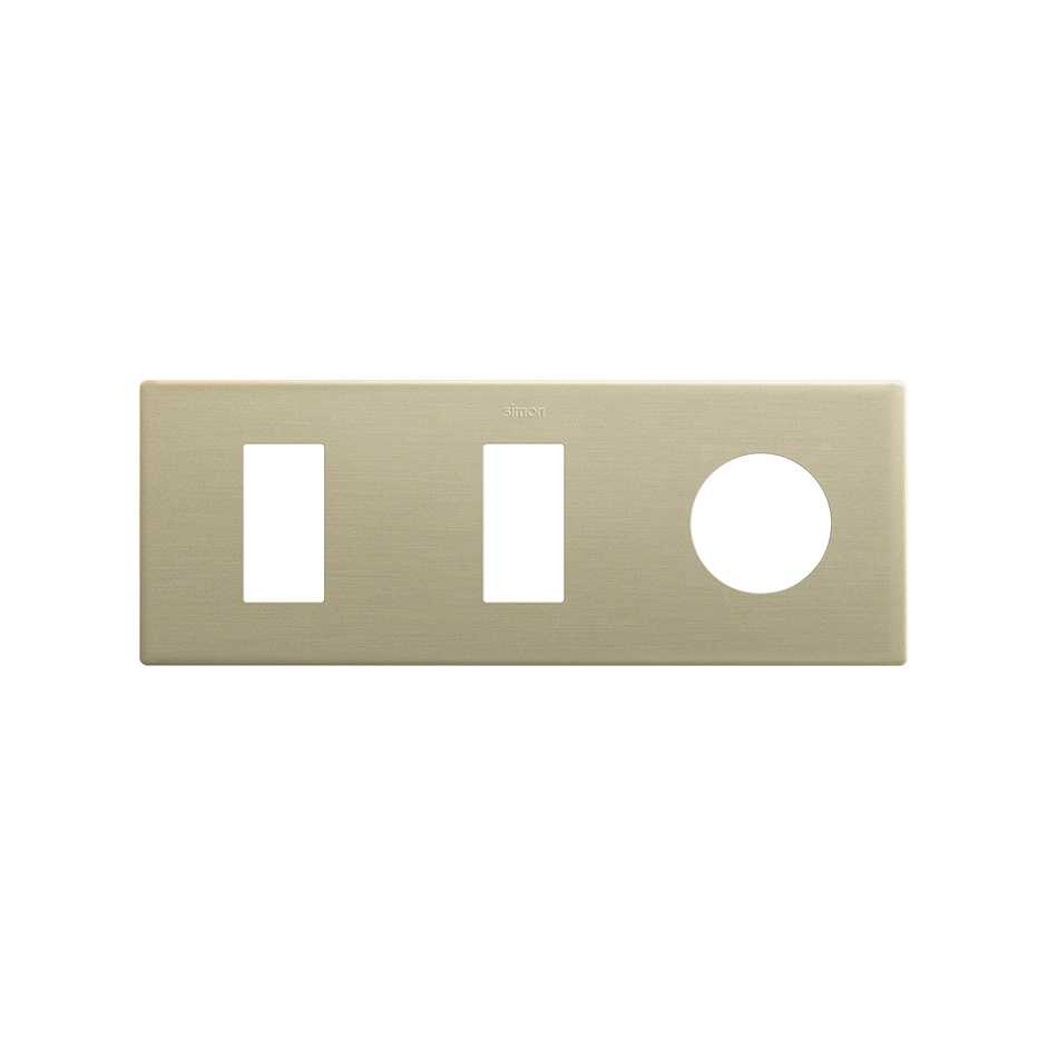 Minimal aesthetic frame for 3 elements with 2 narrow CLEAN Schuko socket outlet modules champagne Simon 270