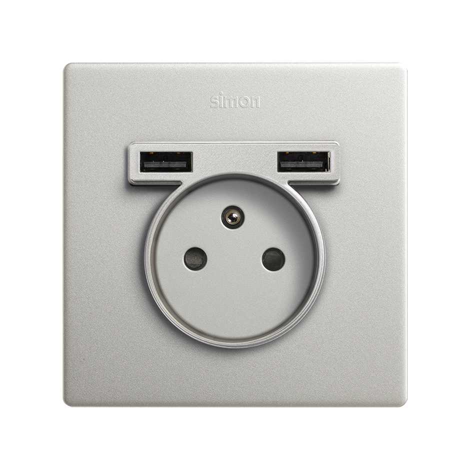 Monoblock Kit French Socket with 2USB charger 1 element aluminium Simon 270
