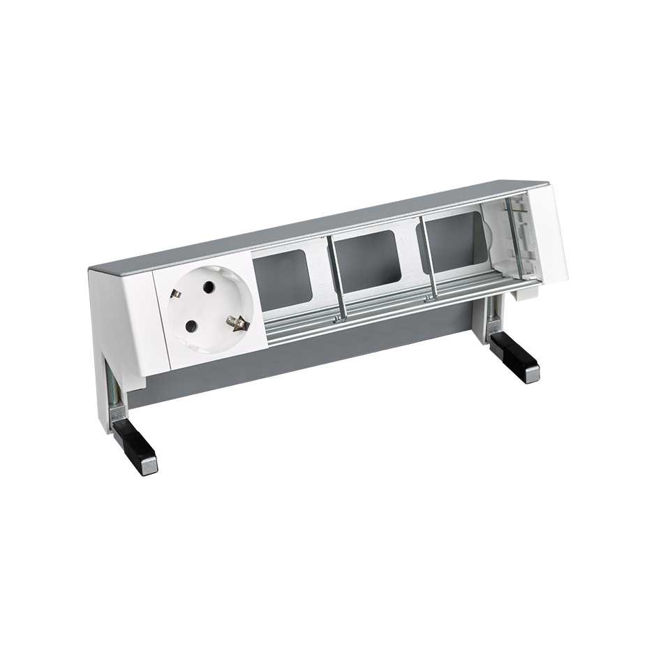 Customisable on-desk set with 1 German socket outlet and 3 empty elements aluminium Simon 400