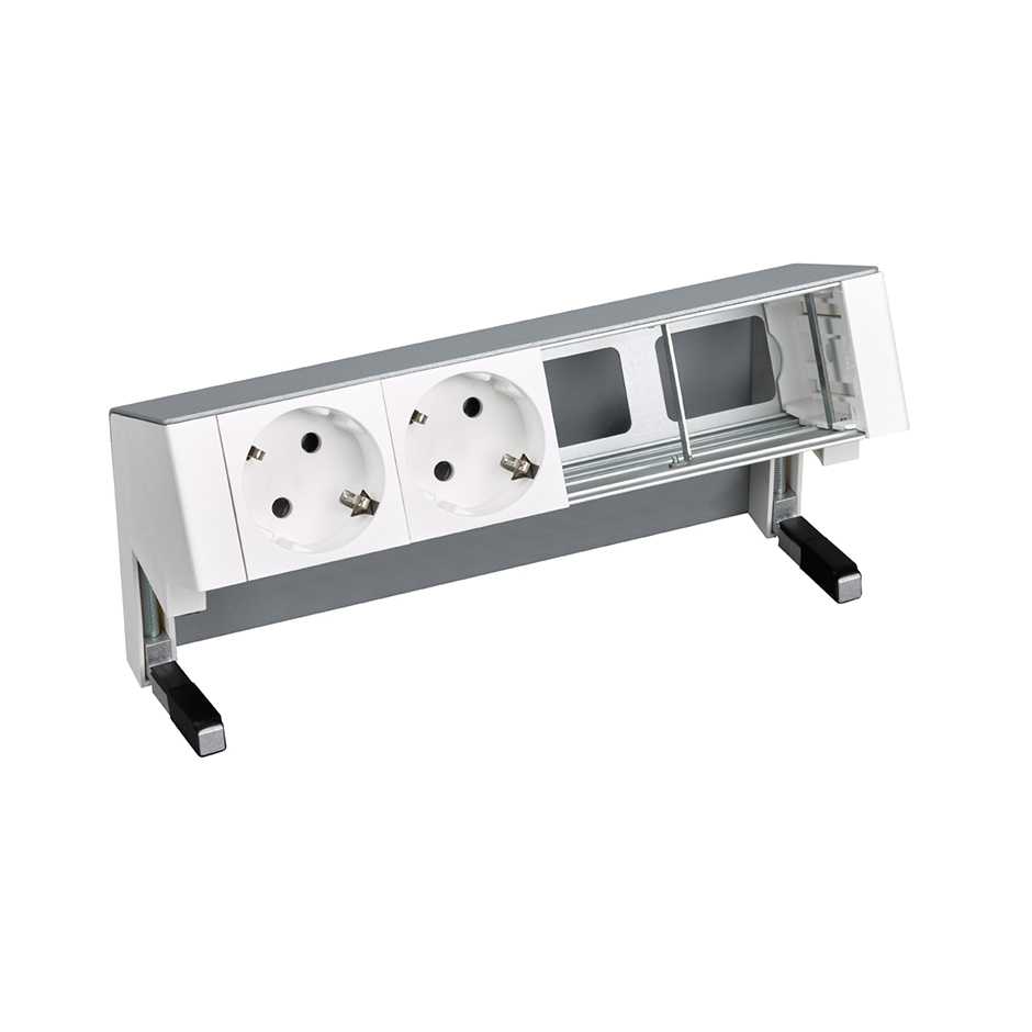 Customisable on-desk set with 2 German socket outlets and 2 empty elements aluminium Simon 400