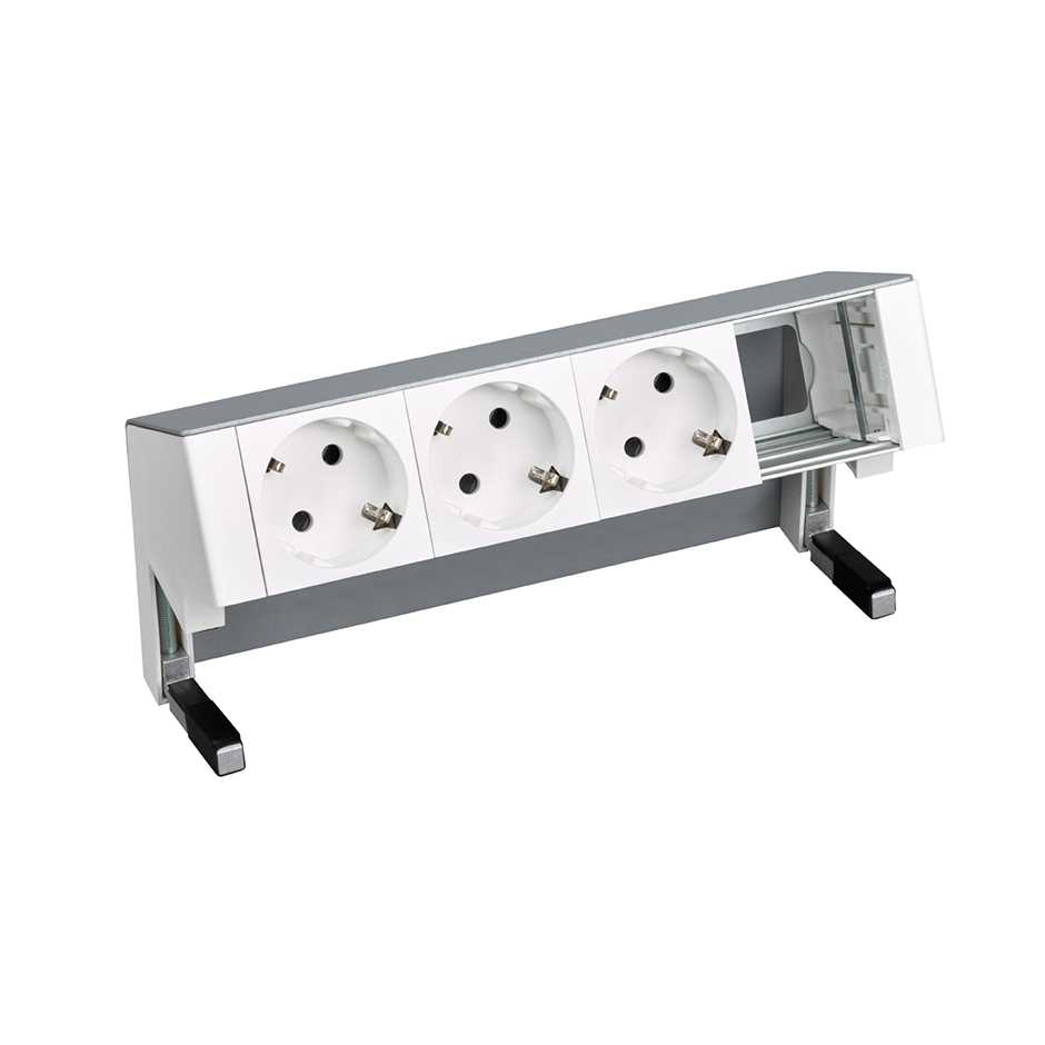 Customisable on-desk set with 3 German socket outlets and 1 empty element aluminium Simon 400