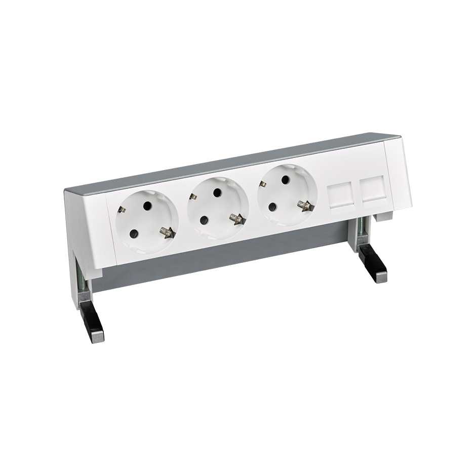 Complete table-top kit with 3 German socket outlets and plate for 2 RJ45 connectors aluminium Simon 400