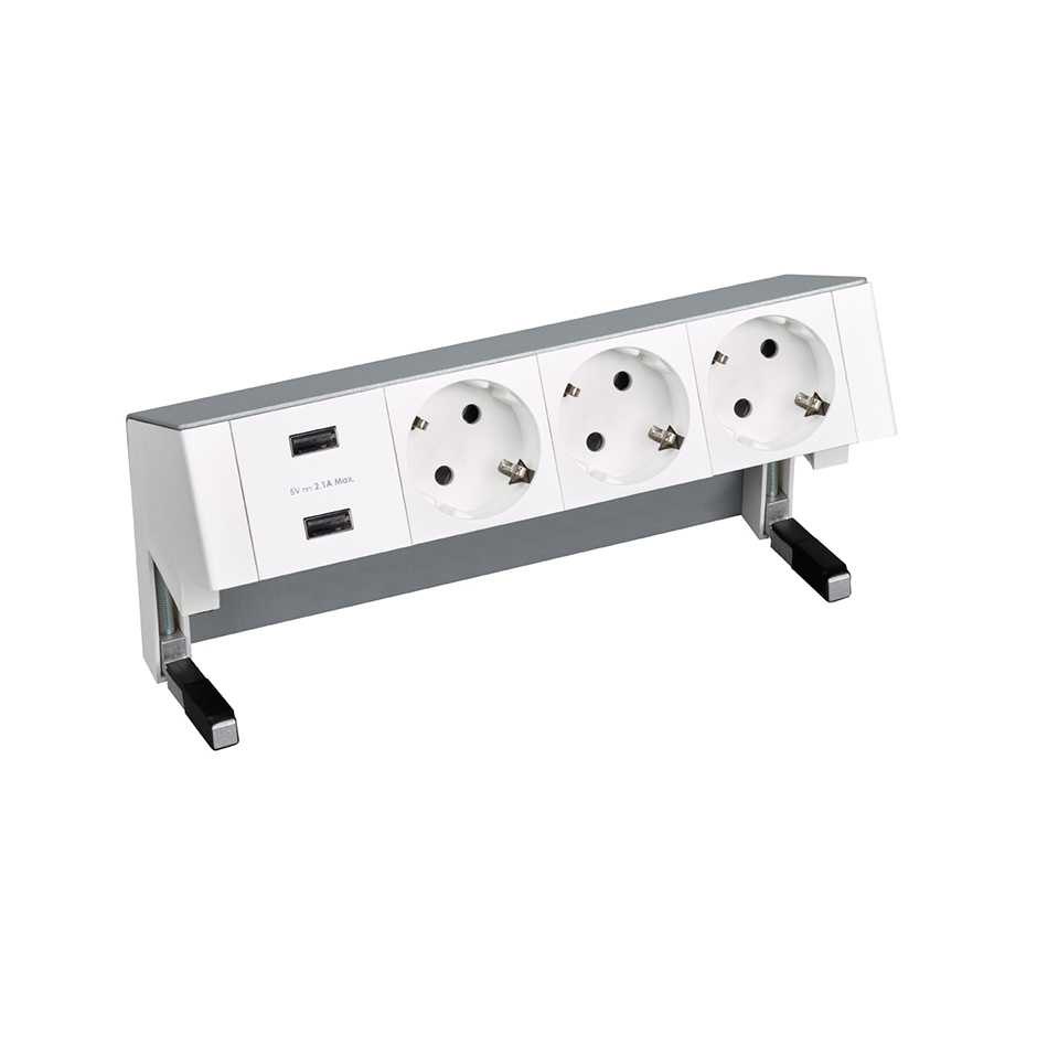 Complete table-top kit with 2xUSB charger and 3 German socket outlets aluminium Simon 400