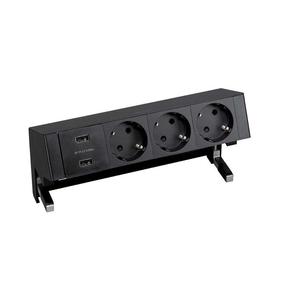 Complete kit with 2xUSB charger and 3 schuko socket outlets black S400 Top