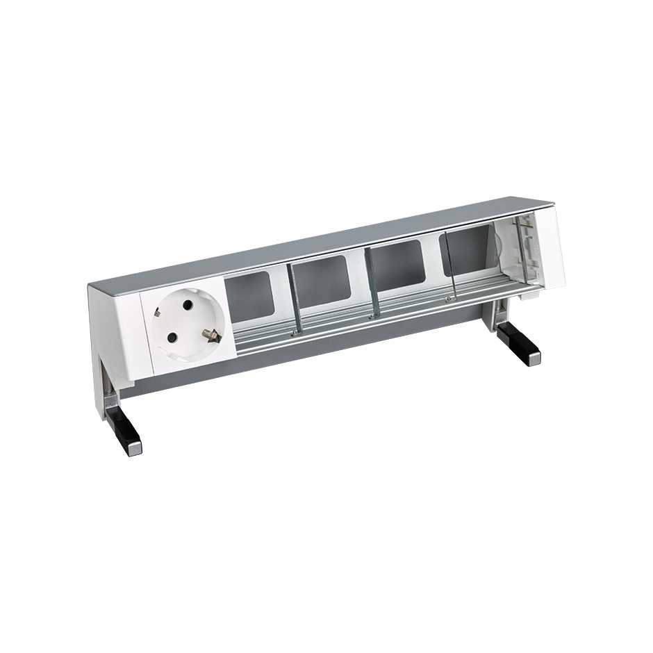 Customisable on-desk set with 1 German socket outlet and 4 empty elements aluminium Simon 400