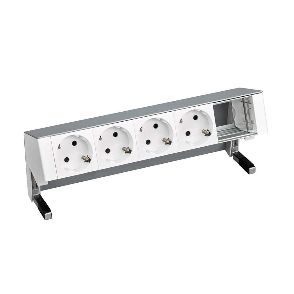 Customisable on-desk set with 4 German socket outlets and 1 empty element aluminium Simon 400