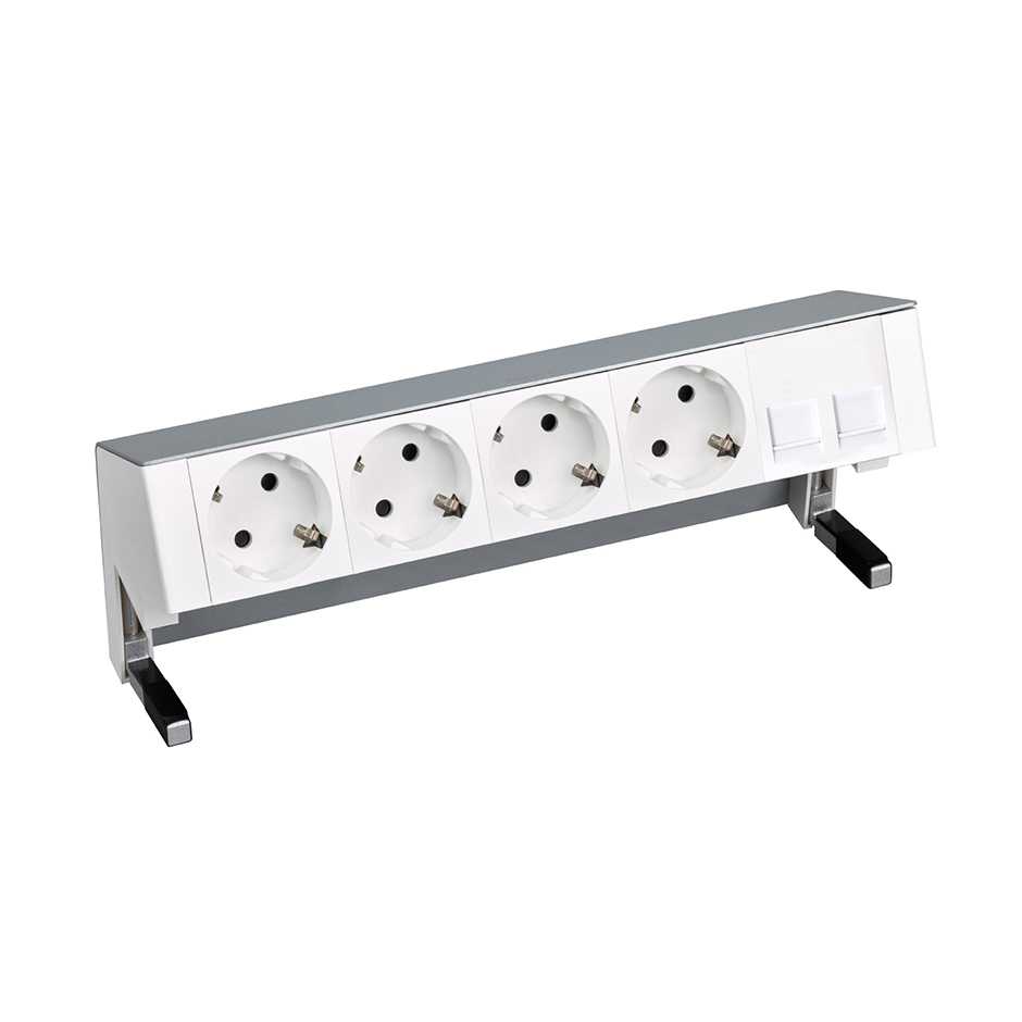 Complete table-top kit with 4 German socket outlets and plate for 2 RJ45 connectors aluminium Simon 400