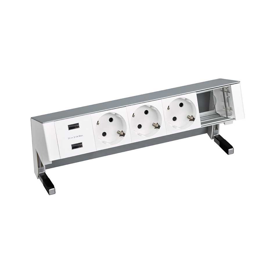 Customisable table-top kit with 2xUSB charger, 3 German socket outlets and 1 empty element aluminium Simon 400