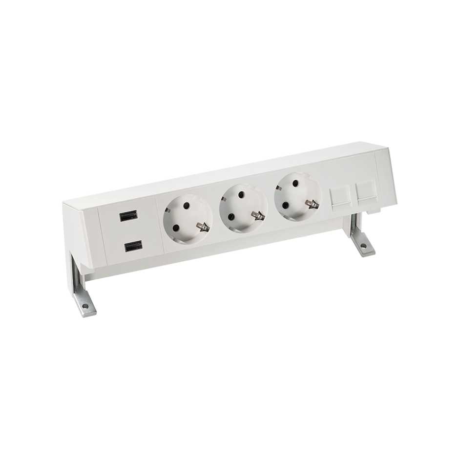 Complete kit with 2xUSB charger, 3 schuko socket outlets and plate for 2 RJ45 connectors white S400 Top
