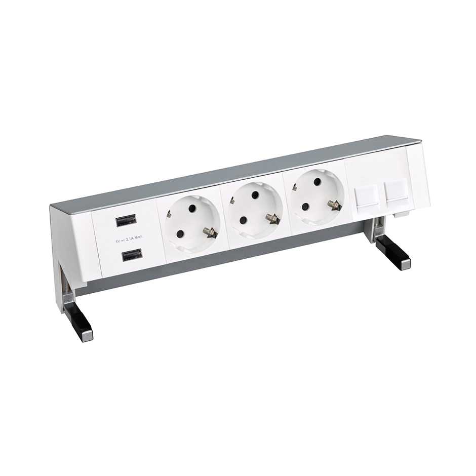 Complete table-top kit with 2xUSB charger, 3 German socket outlets and plate for 2 RJ45 connectors aluminium Simon 400