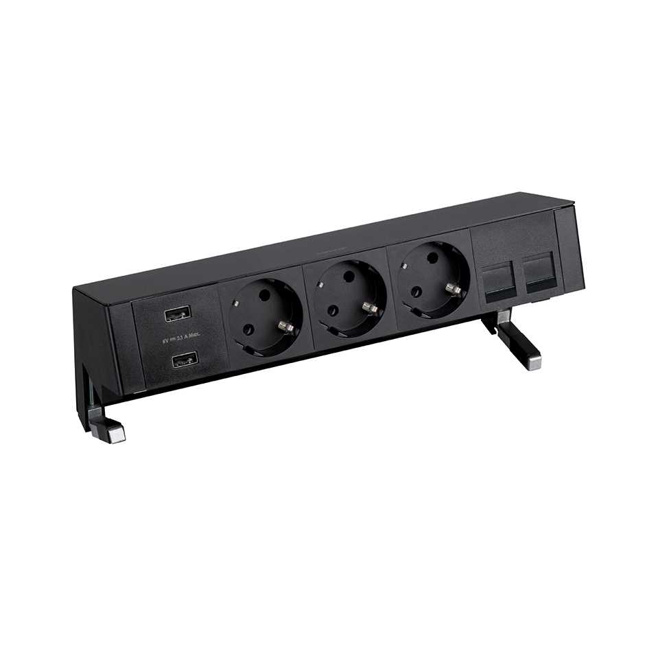 Complete kit with 2xUSB charger, 3 schuko socket outlets and plate for 2 RJ45 connectors black S400 Top