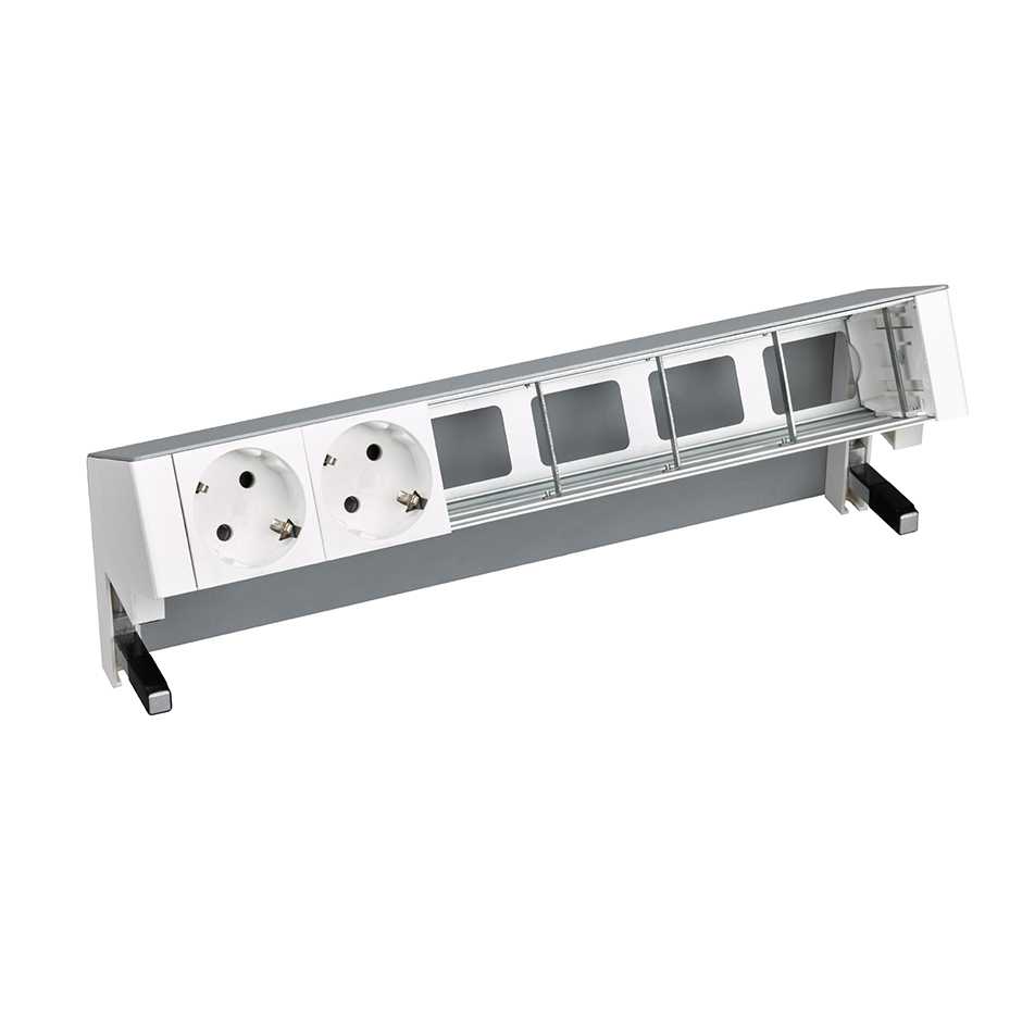 Customisable on-desk set with 2 German socket outlets and 4 empty elements aluminium Simon 400