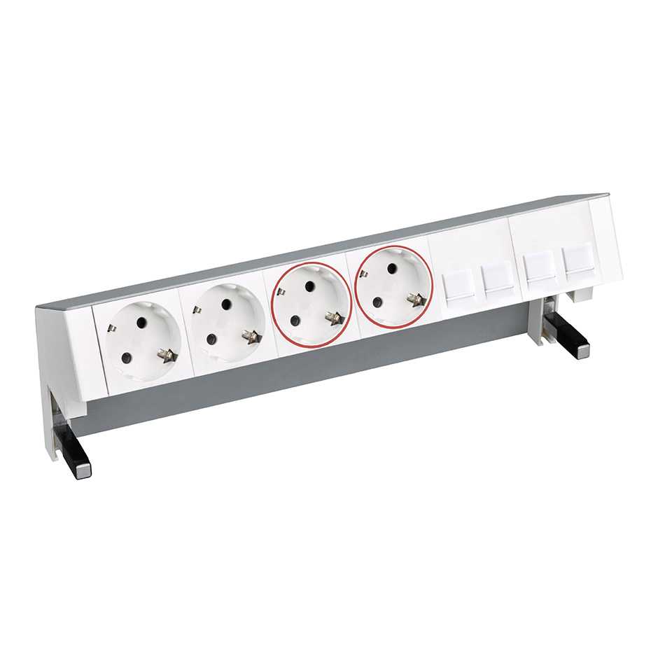 On-desk set with 2 German socket outlets, 2 UPS sockets and plate for 4 RJ45 connectors aluminium Simon 400