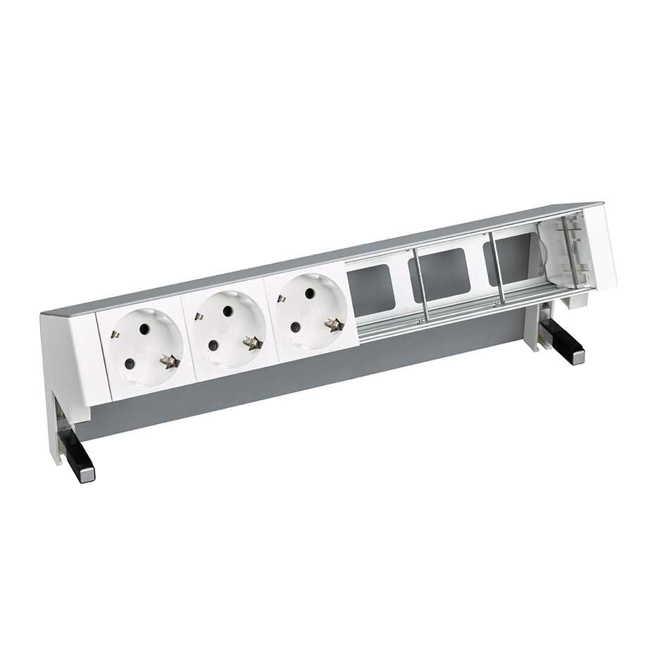 Customisable on-desk set with 3 German socket outlets and 3 empty elements aluminium Simon 400