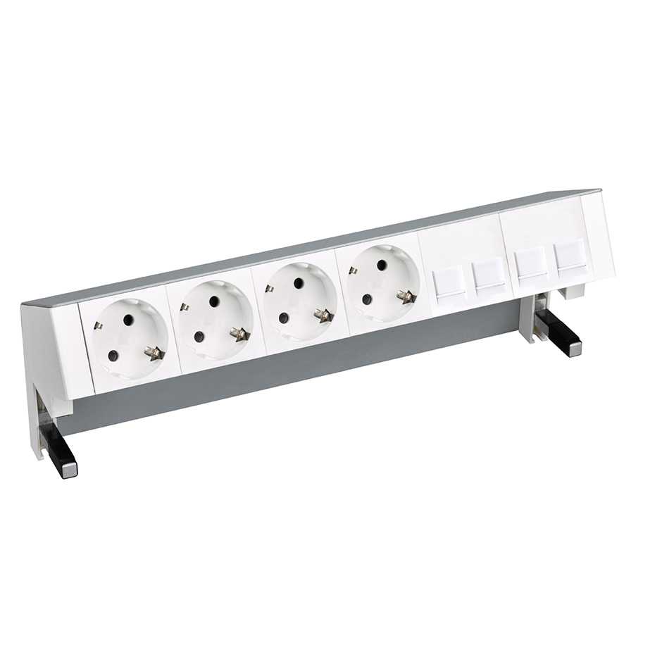 Complete table-top kit with 4 German socket outlets and plate for 4 RJ45 connectors aluminium Simon 400