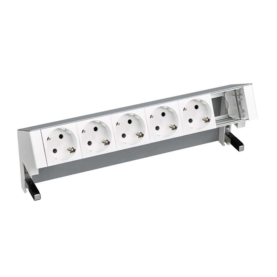 Customisable on-desk set with 5 German socket outlets and 1 empty element aluminium Simon 400