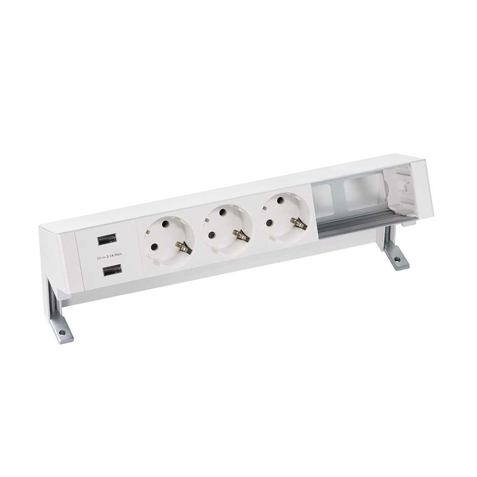 Customisable tabletop kit with 2xUSB charger, 3 schuko socket outlets and 2 empty elements white S400 Top