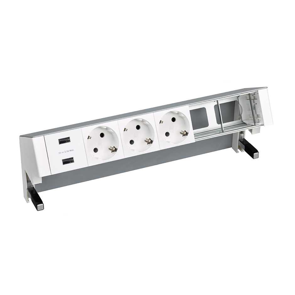 Customisable table-top kit with 2xUSB charger, 3 German socket outlets and 2 empty elements aluminium Simon 400