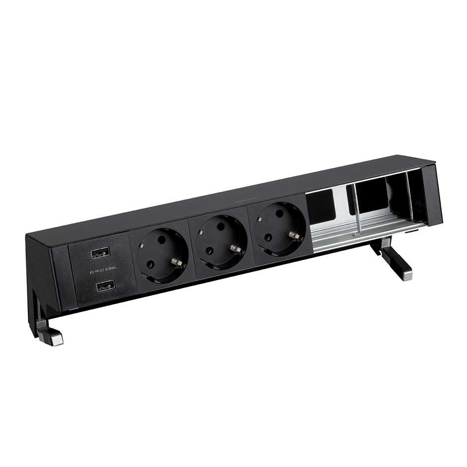 Customisable kit with 2xUSB charger, 3 schuko socket outlets and 2 empty elements black S400 Top