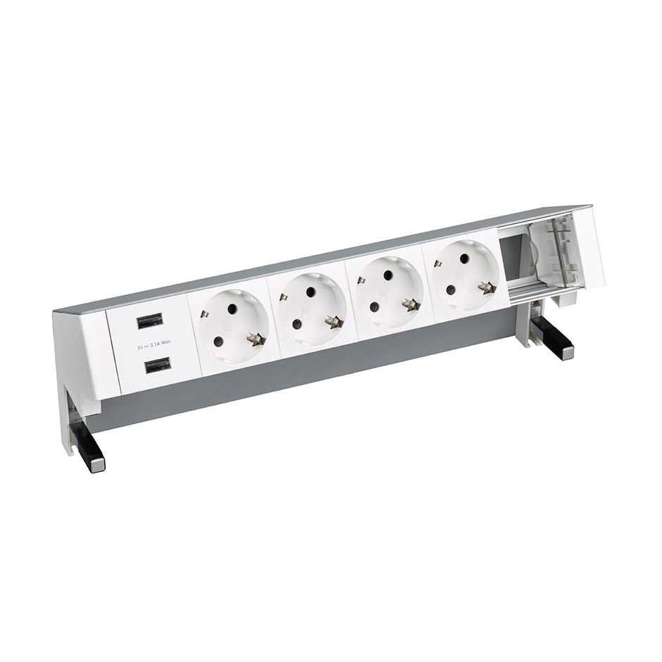 Customisable table-top kit with 2xUSB charger, 4 German socket outlets and 1 empty element aluminium Simon 400