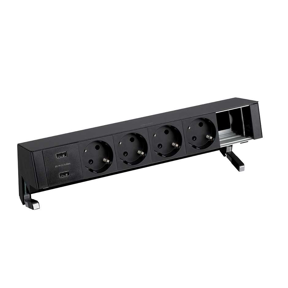 Customisable kit with 2xUSB charger, 4 schuko socket outlets and 1 empty element black S400 Top