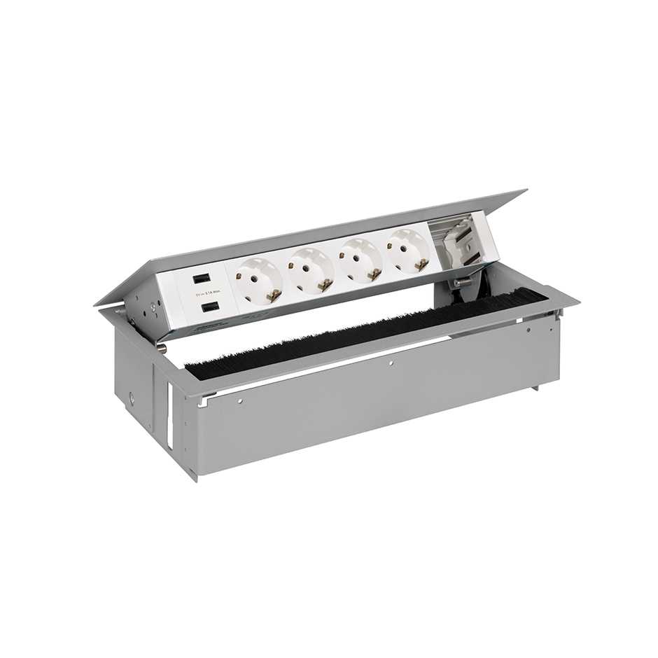 Customisable flush-mounted in the desk kit with cover and brush, 2xUSB charger, 4 German socket outlets and 1 empty element aluminium Simon 400