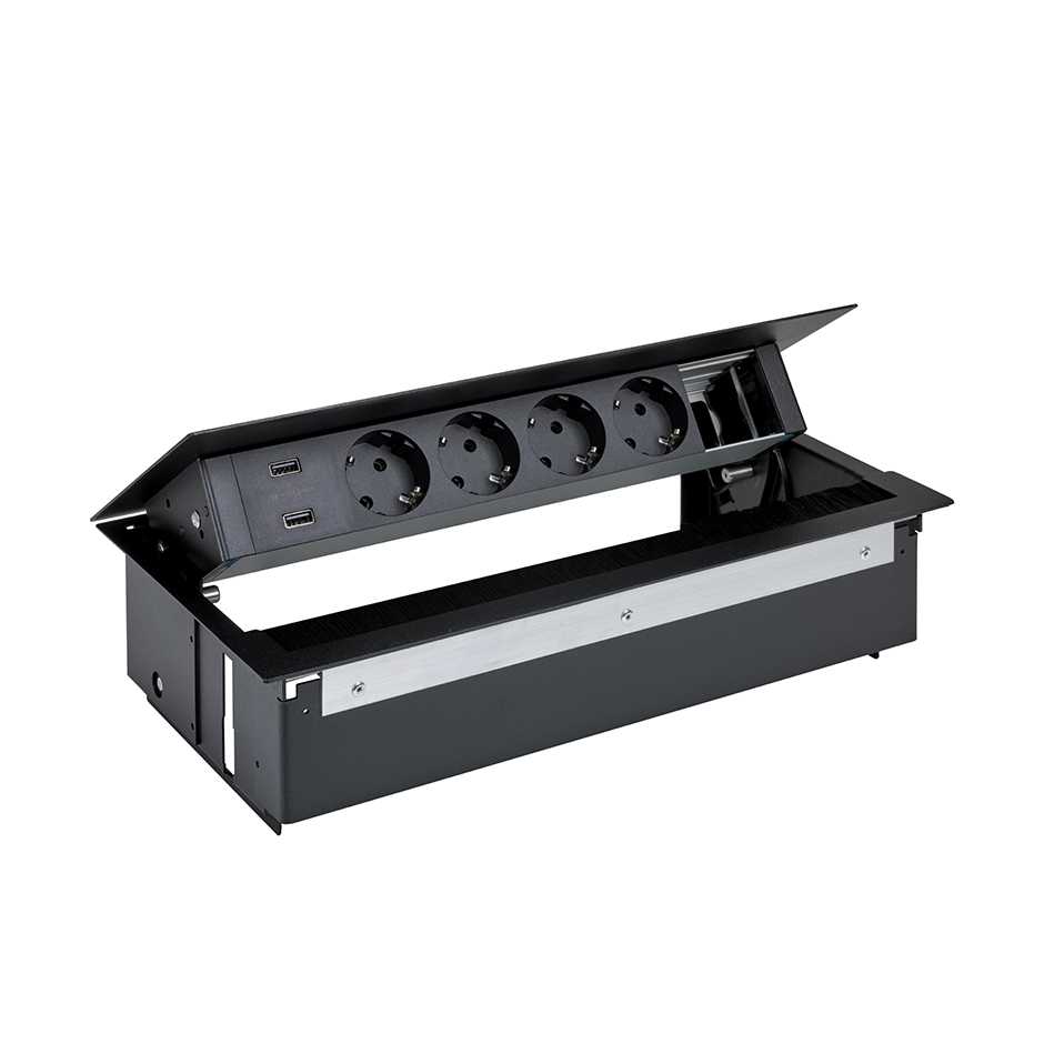 Customisable kit with cover and brush, 2xUSB charger, 4 schuko socket outlets and 1 empty element black S400 Indesk