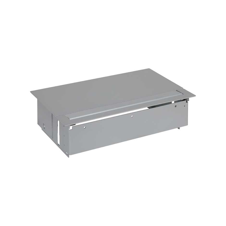 Customisable flush-mounted in the desk kit with cover and fin, 4 German socket outlets and 1 empty element aluminium Simon 400