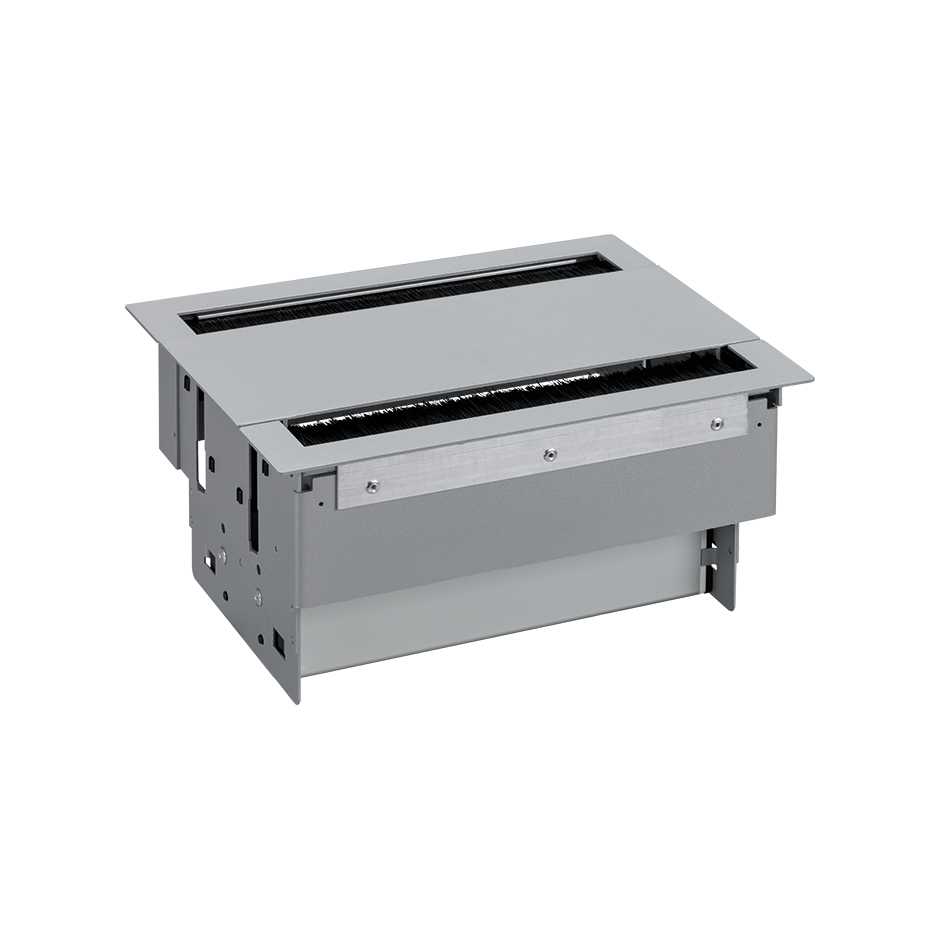 Complete flush-mounted in the desk kit with dual opening cover, brush, 6 German socket outlets and plate for 4 RJ45 connectors aluminium Simon 400