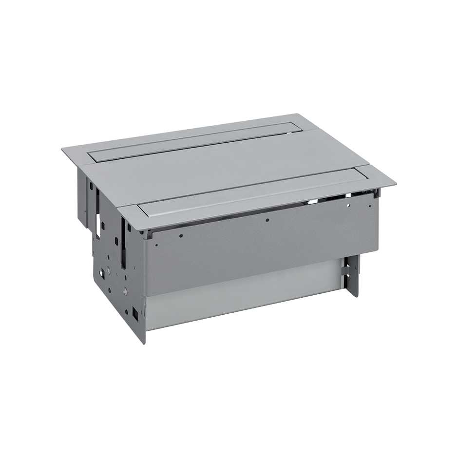 Complete flush-mounted in the desk kit with dual opening cover and fins, 4xUSB charger and 6 German socket outlets aluminium Simon 400
