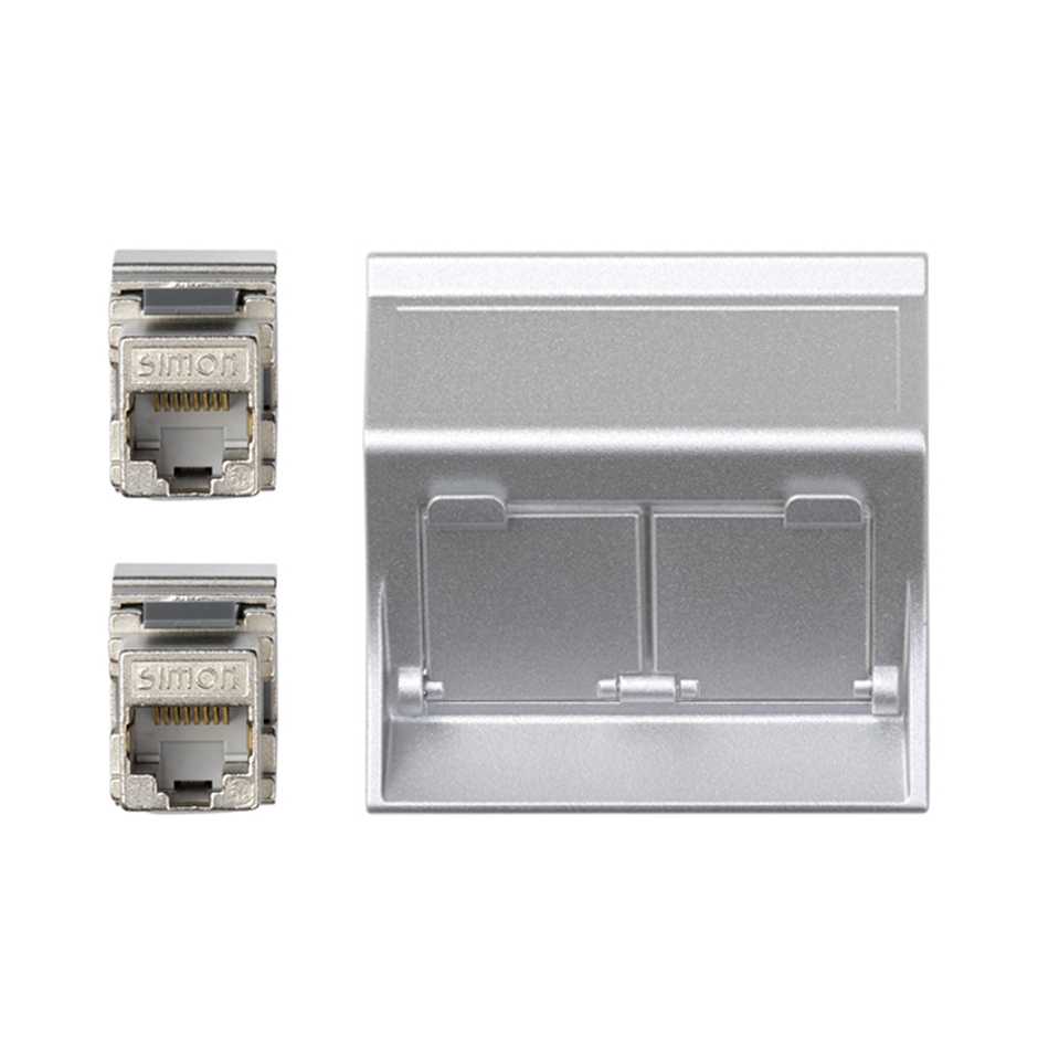 Plaque inclinée voix et données avec cache anti-poussière pour 1 élément avec 2 connecteurs RJ45 catégorie 6A FTP aluminium Simon 500